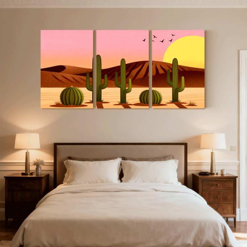 Cactus désert, Cactus coucher de soleil, paysage, ensemble de 3 reproductions d'art sur toile, H 24 po x l 48 po