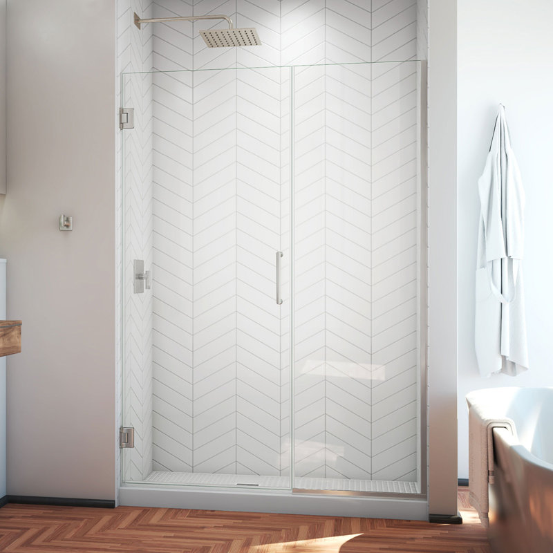 Unidoor Plus 46" W x 72" H Pivot Frameless Shower Door with ClearMax™ Technology, Brushed Nickel, Clear Glass