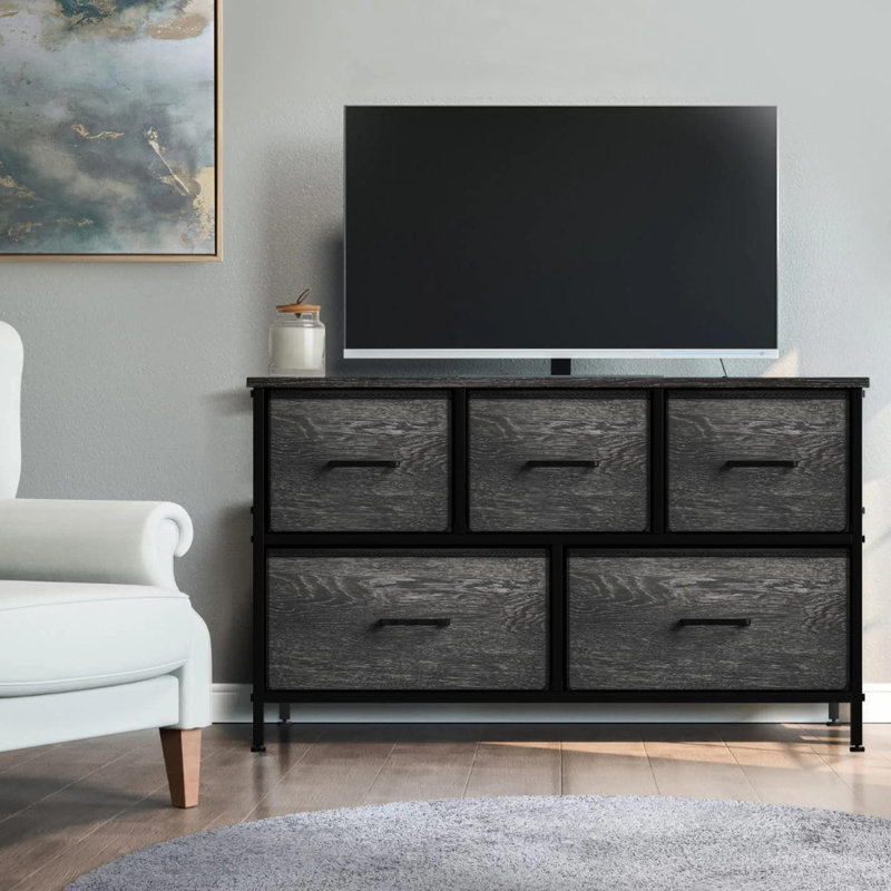 Black Fabric and Wood 5-Drawer Horizontal Dresser