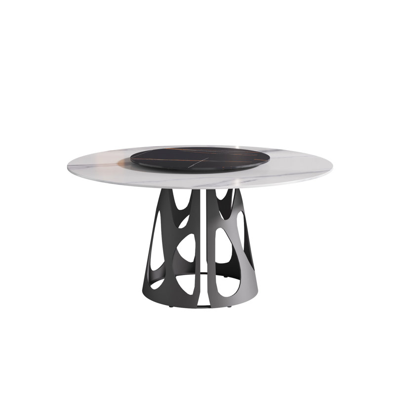 Table de salle à manger ronde de 58,95 po avec support en fer noir, sièges de 6 à 8 places, table tournante en pierre frittée de 31,5 po, blanc et noir, facile à nettoyer et à entretenir sur base solide, capacité personnelle, disque rotatif, chaleur