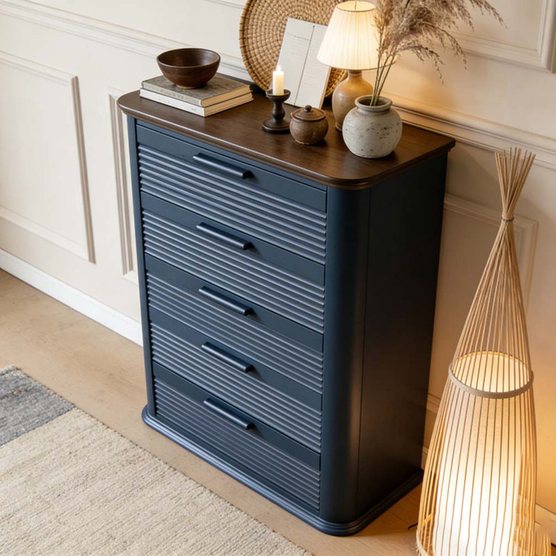 Commode 5 tiroirs pour chambre à coucher, commode haute 45 po avec profil incurvé, Marine