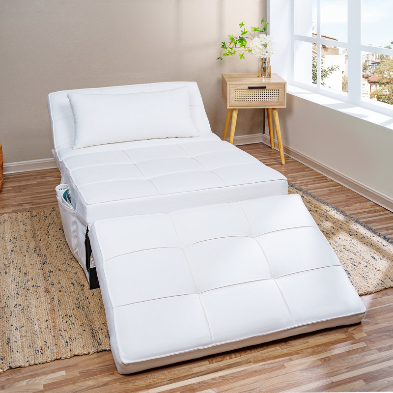 4 in 1 Convertible Chair Bed, Linen Sofa Bed, Lounger Pull Out Sleeper Chair Bed, White Linen