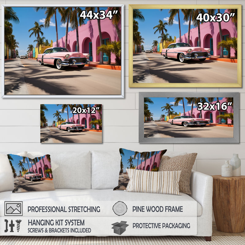 Miami Miami Cadillac V, reproduction d'art sur toile, H 12 po x l 20 po x P 1 po, Cadre naturel flottant
