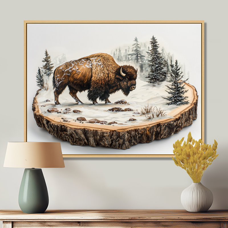 Marven Bison in Winter Forest Landscape II - Bison, art mural, Cadre flottant, Crème, crème, H 24 po x l 32 po
