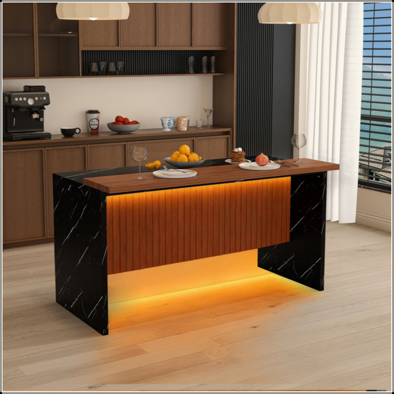 63" Modern Kitchen Island With Marble-Look Surface, LED Lights & Grille Design For Dining Room, Living Room, Walnut/Black