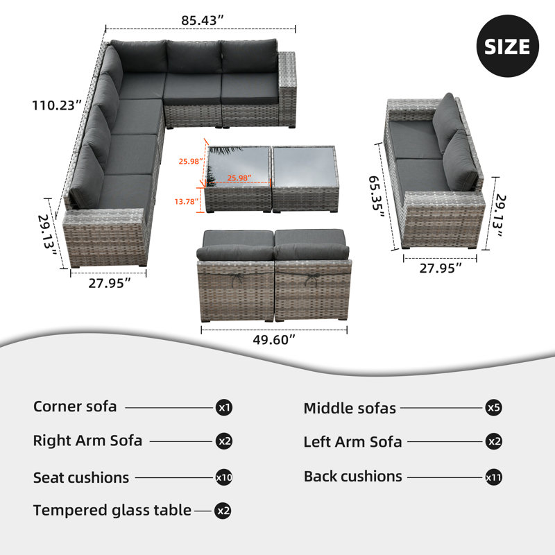 Baili 9 - Person Modular Patio Conversation Sets with Cushions, Black