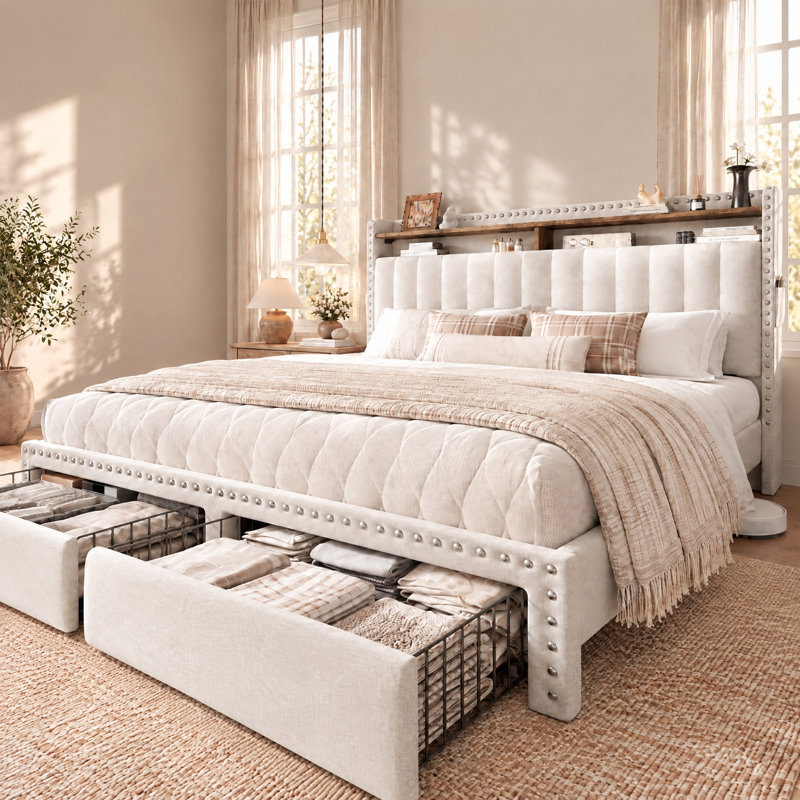 Cadre de lit Francille King Size capitonné avec décor à rivets, 2 tiroirs sous le lit, tête de lit à 2 niveaux avec poches latérales, sommier non requis