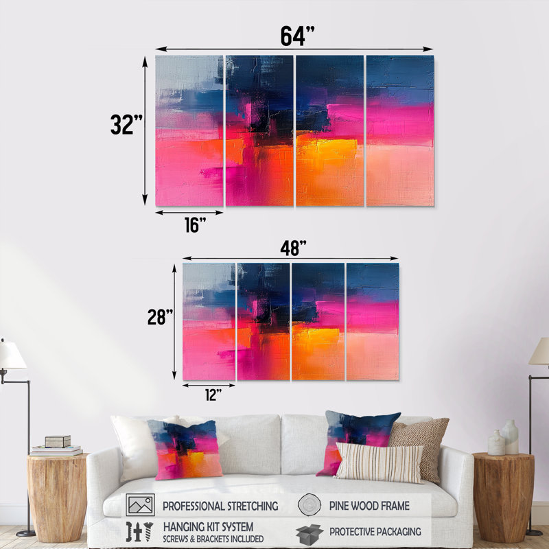 Fuchsia Sunrise - Art mural abstrait pour le salon, 4 pièces, H 28 po x l 48 po