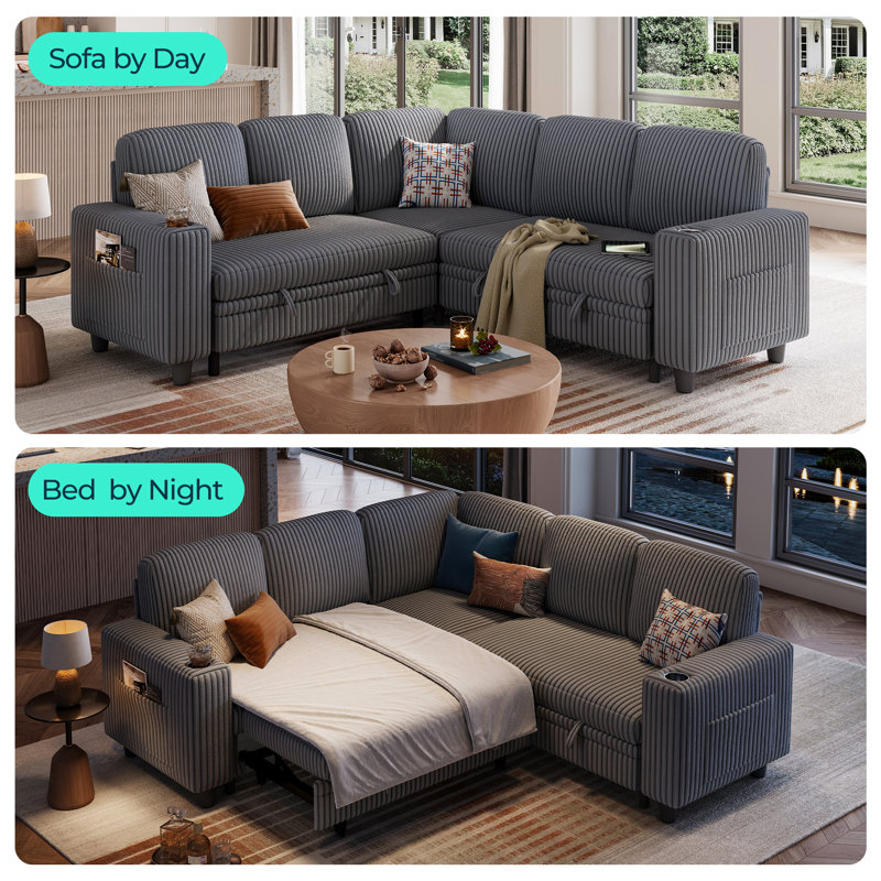 Sherry 81'' Upholstered Modular Sectionals with Pull-out Sofa, Storage Chaise, USB Charging & Cup Holders, Milo Gray, 5-piece