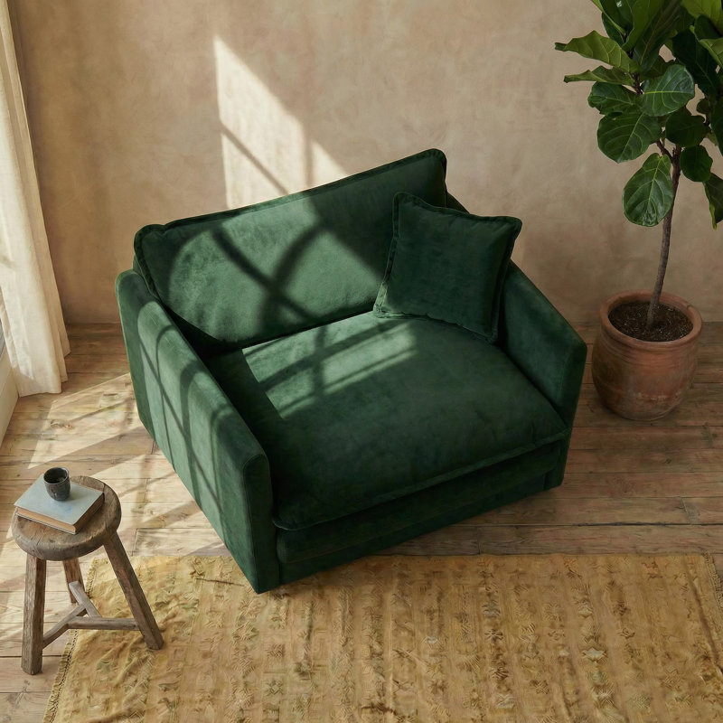 Fauteuil en chenille vert profond, fauteuil d'appoint rembourré surdimensionné avec structure en bois massif, fauteuil de lecture confortable pour la chambre à coucher du salon