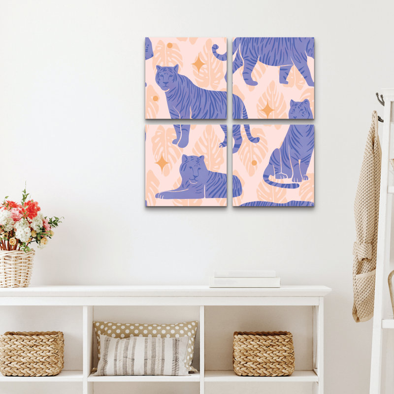 Ensemble de 4 panneaux muraux - Rachel Hallquist «Tigers Blue», art mural sur toile pour le salon, la chambre à coucher ou le bureau 