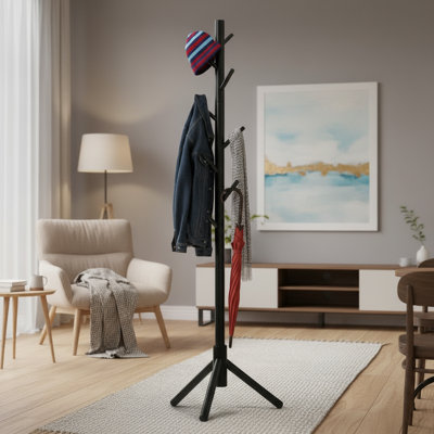 Black Freestanding Coat Rack, 8 Hooks And 3 Adjustable Tree-Shaped Hangers, Fits Bedrooms Hallways Entries Offices