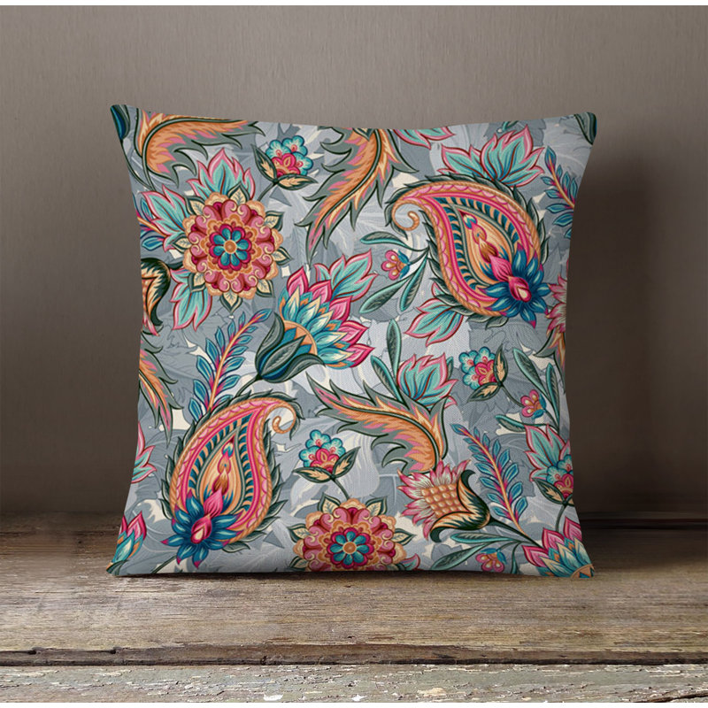 Throw Pillow With Insert, 16"H x 16"W, Gray/Orange Paisley 1