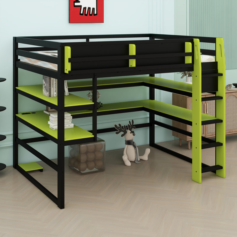 Contemporary High-Rise Bed Frame with Combo Study Area, Side Mount Rack, Versatile Storage Shelves, and Programmable LED Effects