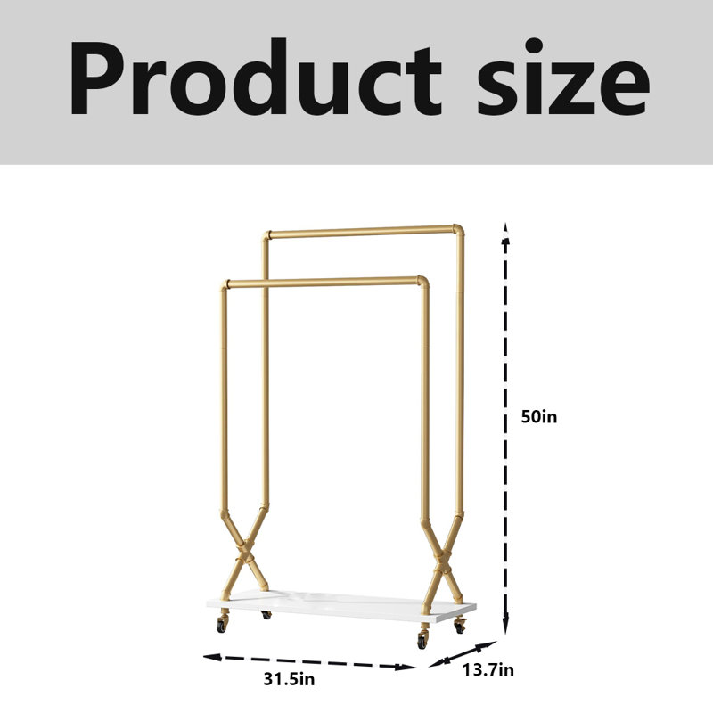 Portant à vêtements sur roulettes, support à double tringle à vêtements, Doré