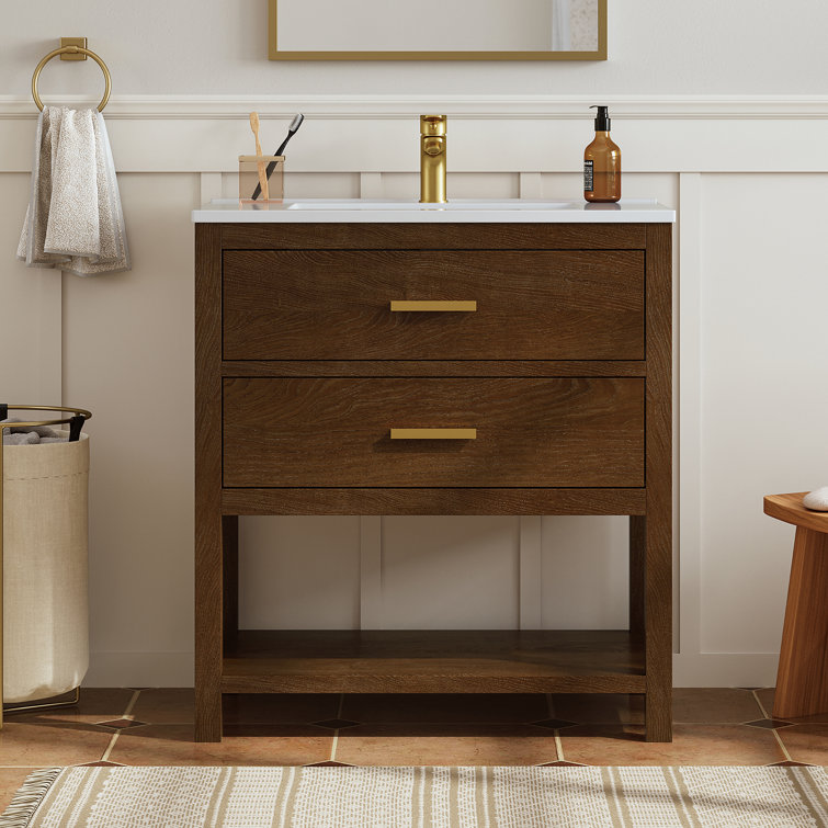 30" Walnut Single Sink Bathroom Vanity with Solid Surface Composite Top