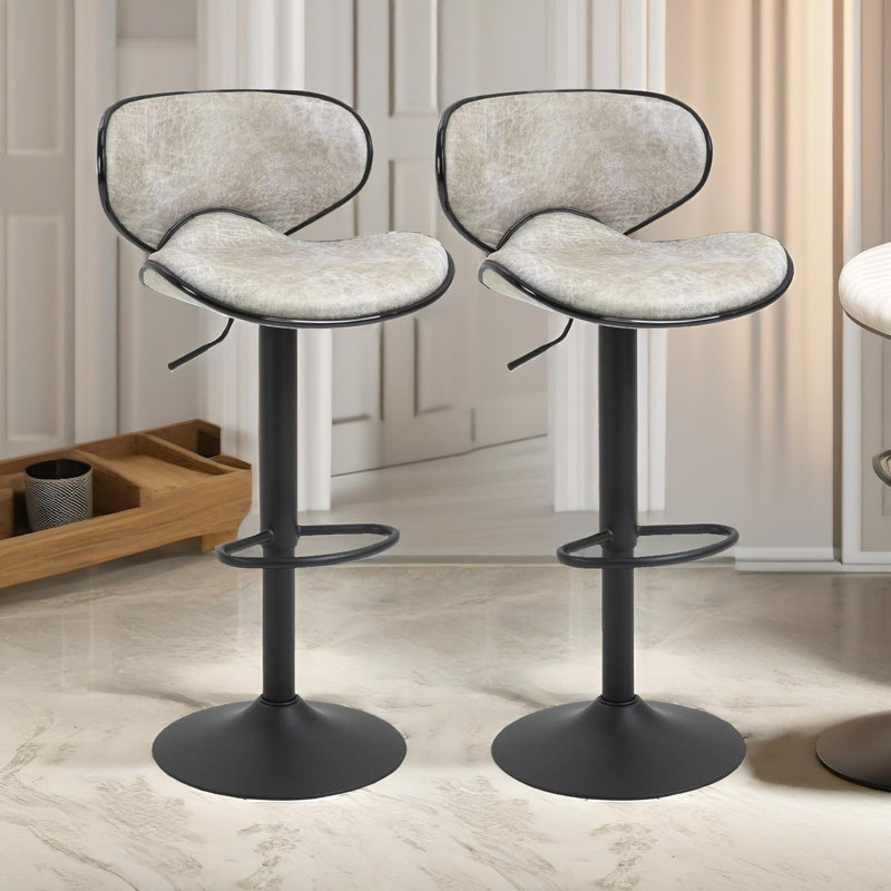 Banessa Grey Swivel Adjustable Height 2 Bar Stools, Kitchen Chair, Vegan Leather