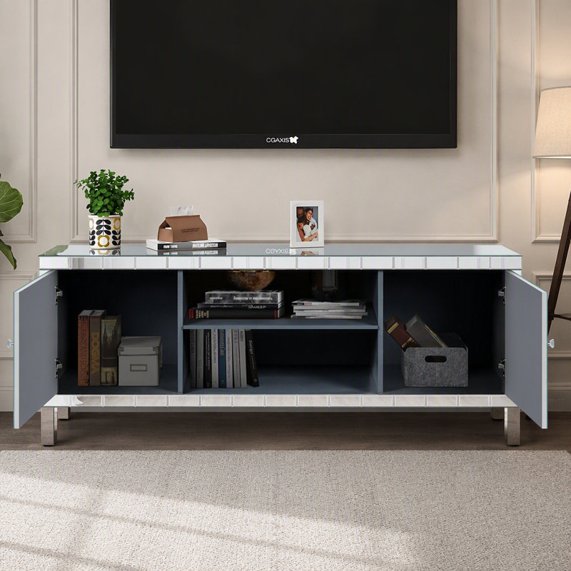 Meuble télé glamour pour téléviseur de 65 pouces et plus avec tablettes ouvertes et armoires de rangement, parfait pour les salons modernes