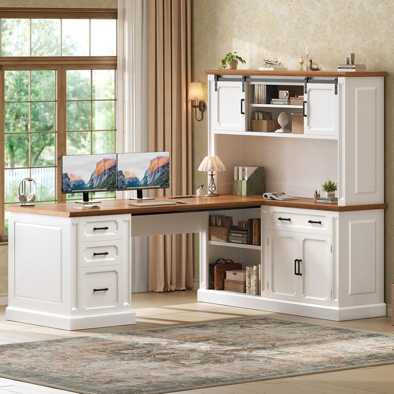 Farmhouse L Shaped Desk With Hutch, 67" Executive Home Office Desks With 4 Drawers, Brown/White