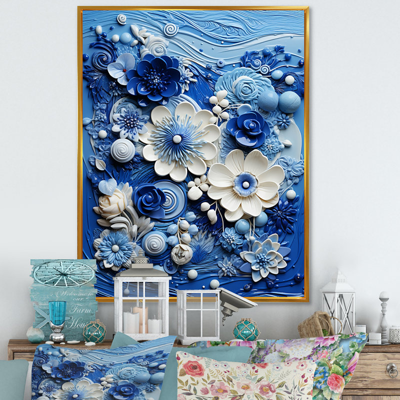 «Blue and White Botanical Tiles II» - art mural botanique, Encadrement doré, H 32 po x l 16 po