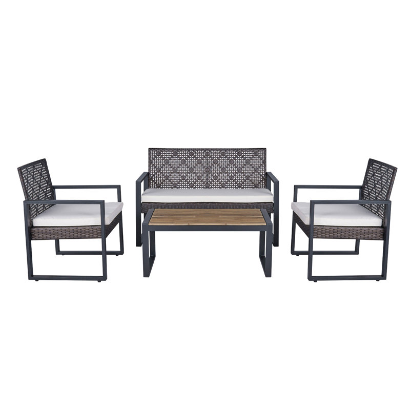 4-Piece Patio Furniture Set Outdoor Balcony Porch Garden Backyard Lawn Furniture Acacia Wood Table Top, Beige