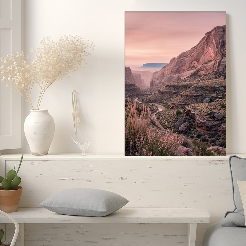 " Red Rock Canyon With Pink Flowers And Winding Road " Painting, 36"H x 24"W