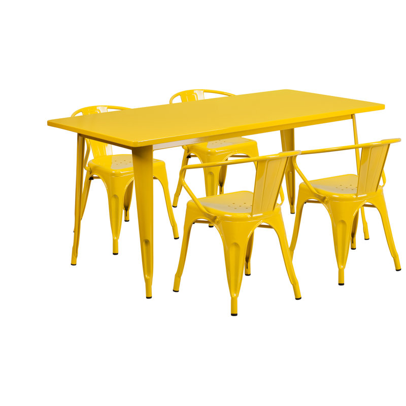 Lubron 31.5'' x 63'' Rectangular Metal Indoor-Outdoor Table Set with 4 Arm Chairs, Yellow, 7