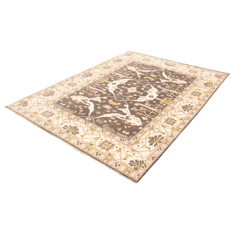 Tapis décoratif en laine noué à la main de conception unique 8 pi 11 po x 11 pi 10 po Ivoire/brun
