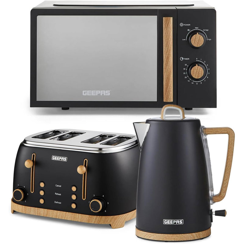 GEEPAS NordiQ 20L Microwave Oven 700W, 4 Slice Toaster & 1.7L Electric Kettle Combo Set | Matte Finish with Wood Accents | 1500W Bread Toaster & 3000W Rapid Boil Cordless Jug Kettle