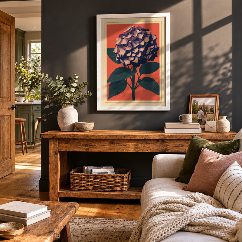 Geometric Hydrangea Botanical - Framed Print, A2 - 59.4 x 42.0 cm, White