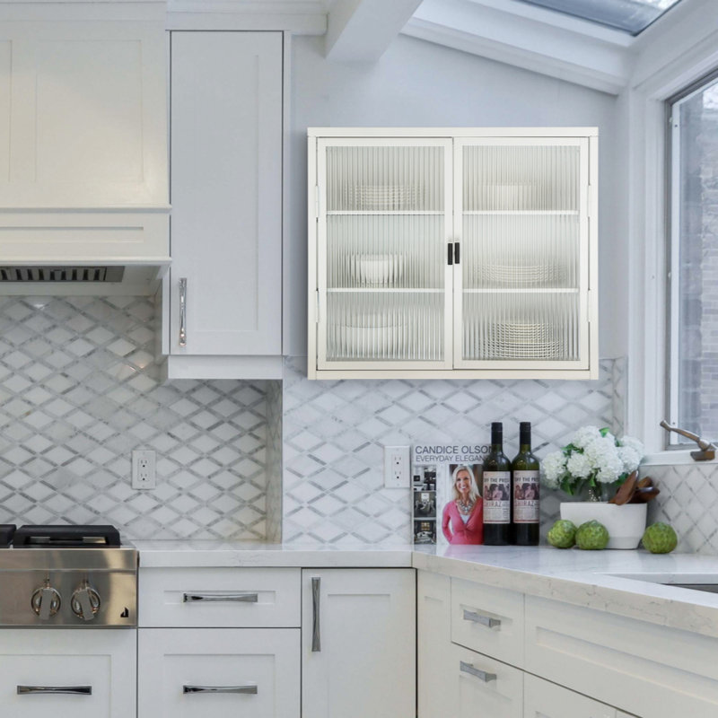  Armoire murale à double porte vitrée avec tablettes amovibles pour bureau Zaine, Blanc