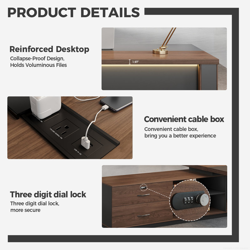 Luxury L-Shaped Ergonomic Executive Desk With Integrated Storage And Power Management, 29.53" H x 70.87" W x 62.99" D