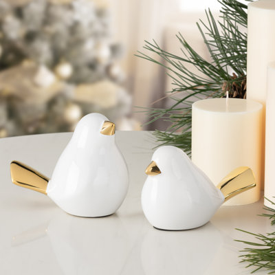 Joziyah White & Gold Ceramic Decorative Birds (Set of 2)