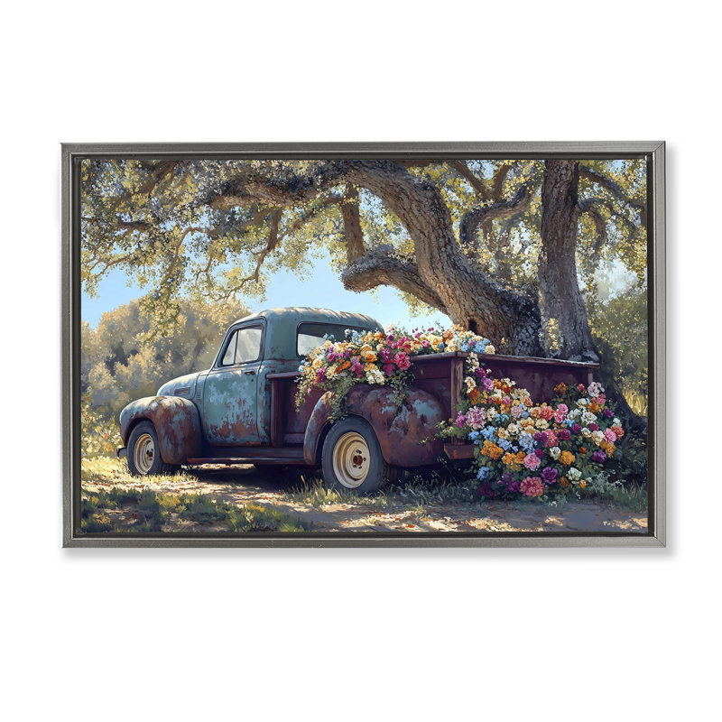 Camion réutilisé rempli de fleurs, cadre flottant, design par Franklyn Gregory, 17 x 25, Lustre Grey Floater Framed