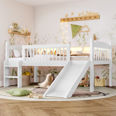Wood Low Loft Bed With Shelves, LED Lighting, Ladder And Guardrails