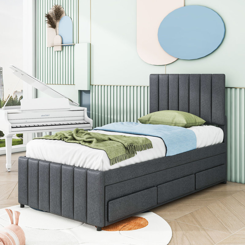 Lit plateforme tapissier avec lit gigogne et tiroirs de rangement, Simple, gris