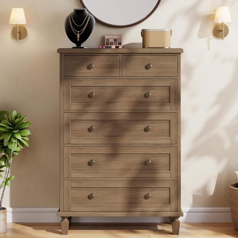 Commode haute 47 po pour chambre à coucher, commode 6 tiroirs rétro avec poignées sculptées et pieds fuselés, commodes en bois avec rangement de grande capacité