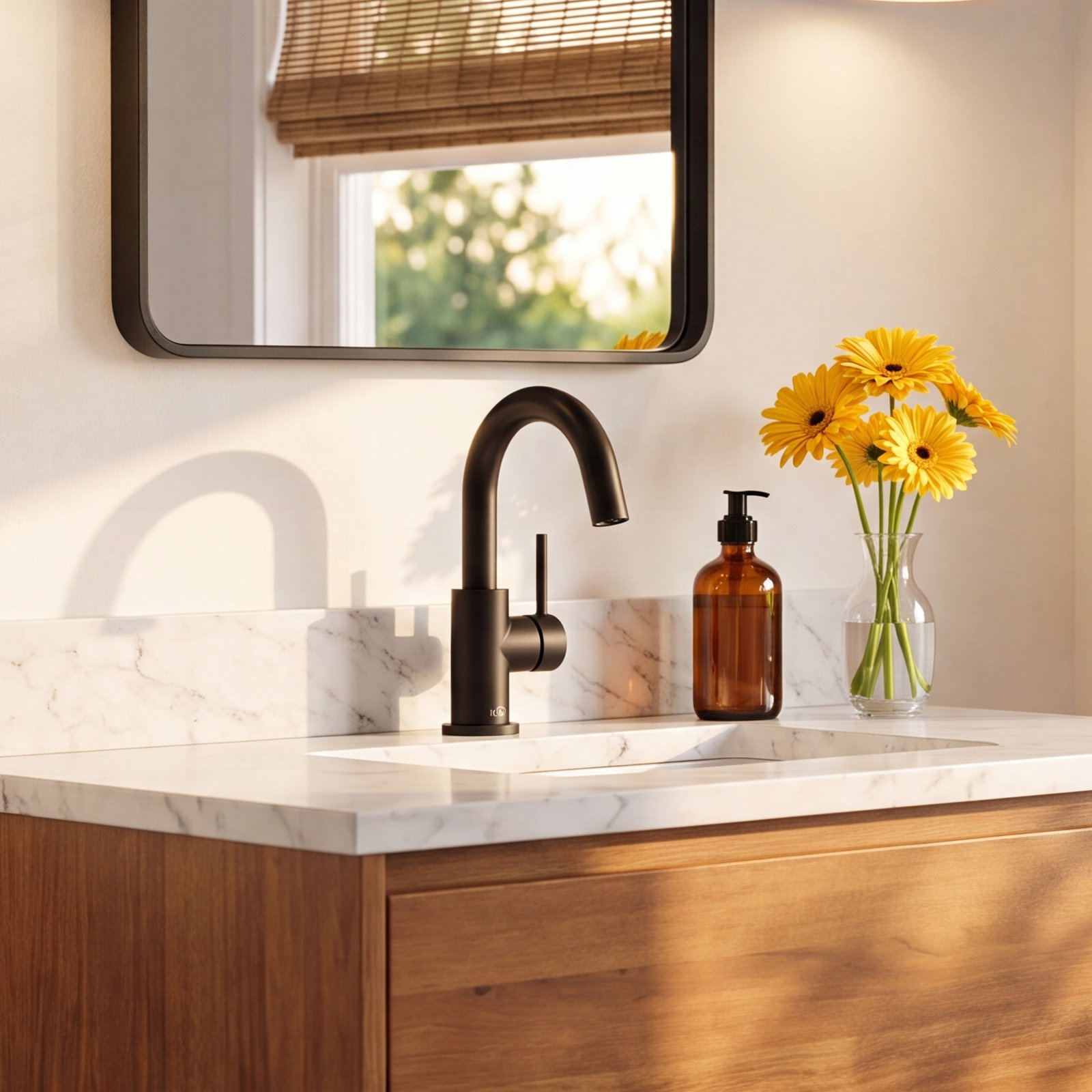 Circular Single-Hole Bathroom Faucet with Drain, Matte Black