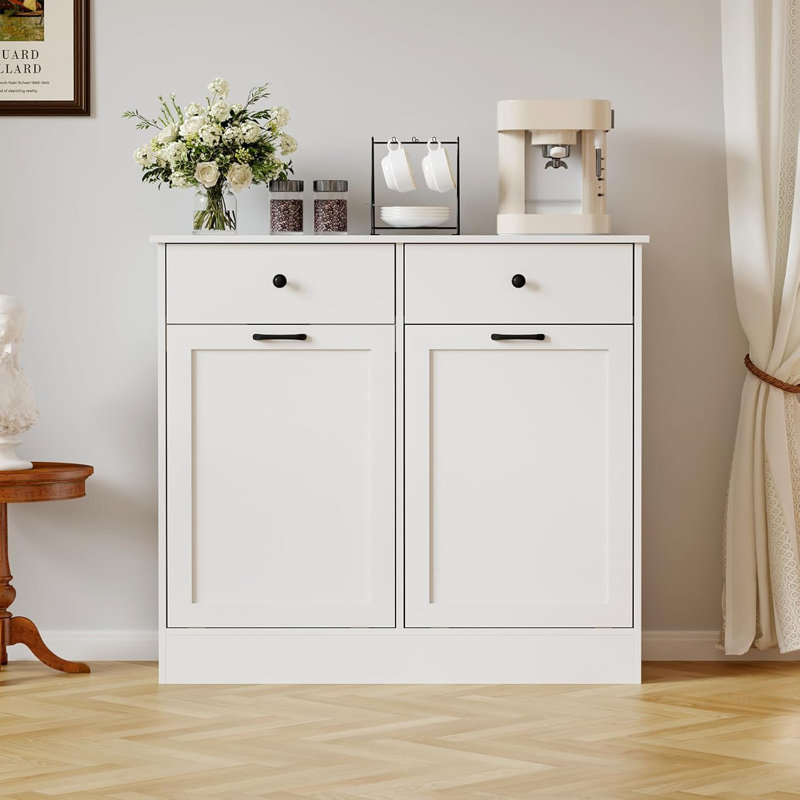 Armoire à poubelle 20 gallons à double basculement avec poubelle de rangement en bois avec fonction désodorisante et coffre à linge avec tiroir - sans motif - blanc