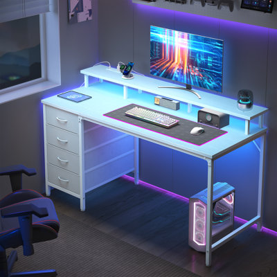 47 Inch White Fixed Home Office Desk, 4 Drawers + Storage Shelf with LED Light & Power Strip