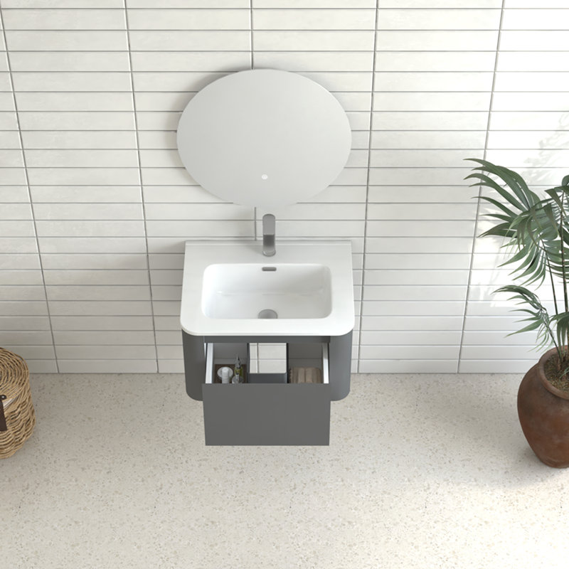 Armoire de salle de bain murale 24 po avec lavabo flottant mural et tiroir en céramique blanche