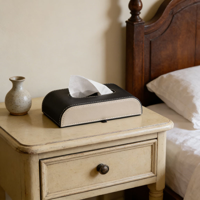 Couvercle de boîte à mouchoirs en cuir PU de qualité supérieure, support décoratif rectangulaire pour la maison, le bureau et la voiture - Design beige et noir