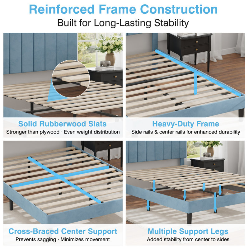 Upgraded Velvet Upholstered Platform Bed with Adjustable Headboard, Reinforced & Quiet Design, No Box Spring Needed, Sturdy Wood Slat Support, Easy Assembly