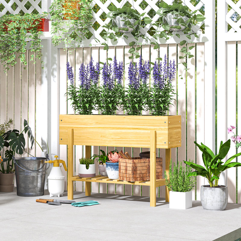 Lit de jardin surélevé, jardinière avec tablette de rangement, bois naturel
