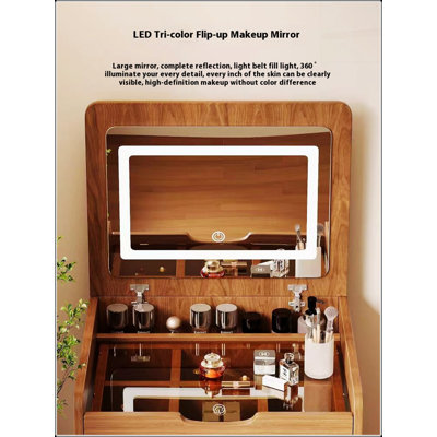 Meuble-lavabo 3-en-1 avec miroir rabattable, bureau en verre et 3 tiroirs pour un rangement compact et un rangement pour le maquillage