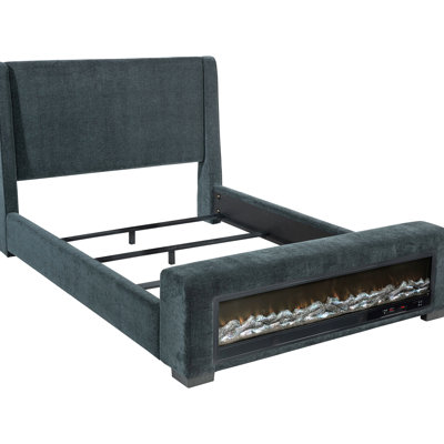 Dark Blue Upholstered Eastern King Bed, Mid - Century Modern Style, Speaker, Adjustable Brightness, Wireless Remote, 13 Color Flame Box For Bedroom Ambiance Bed With Upholstery,