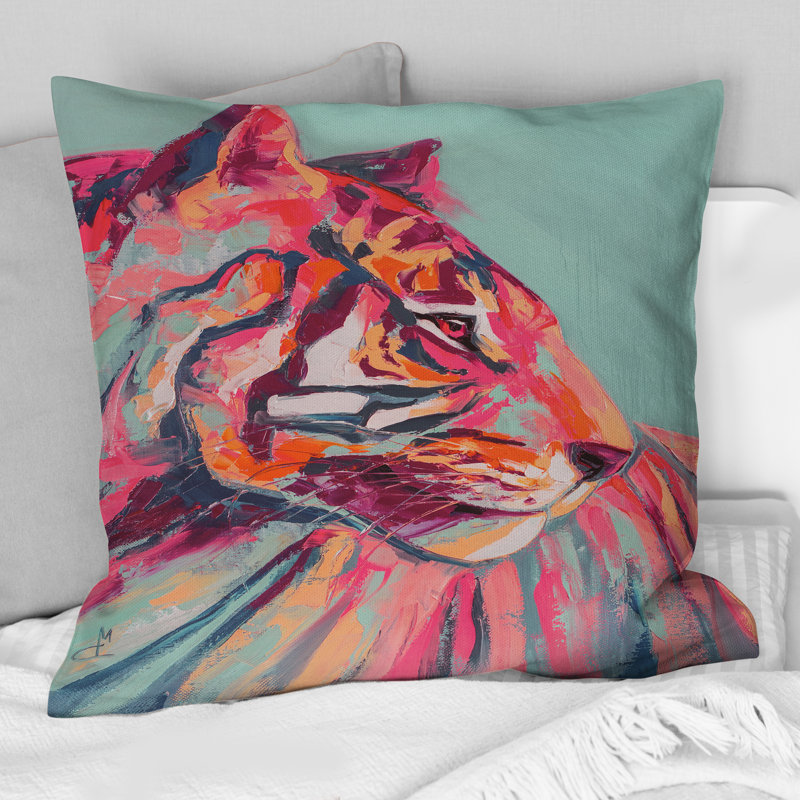 «Pink Tiger Eye Paint Stroke Art II», coussin imprimé traditionnel, H 16 po x l 16 po, Carré