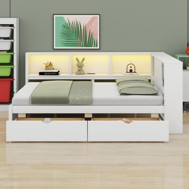 Lit de jour multifonctionnel en bois avec éclairage DEL, ports USB, tablettes de rangement et 2 tiroirs, Blanc