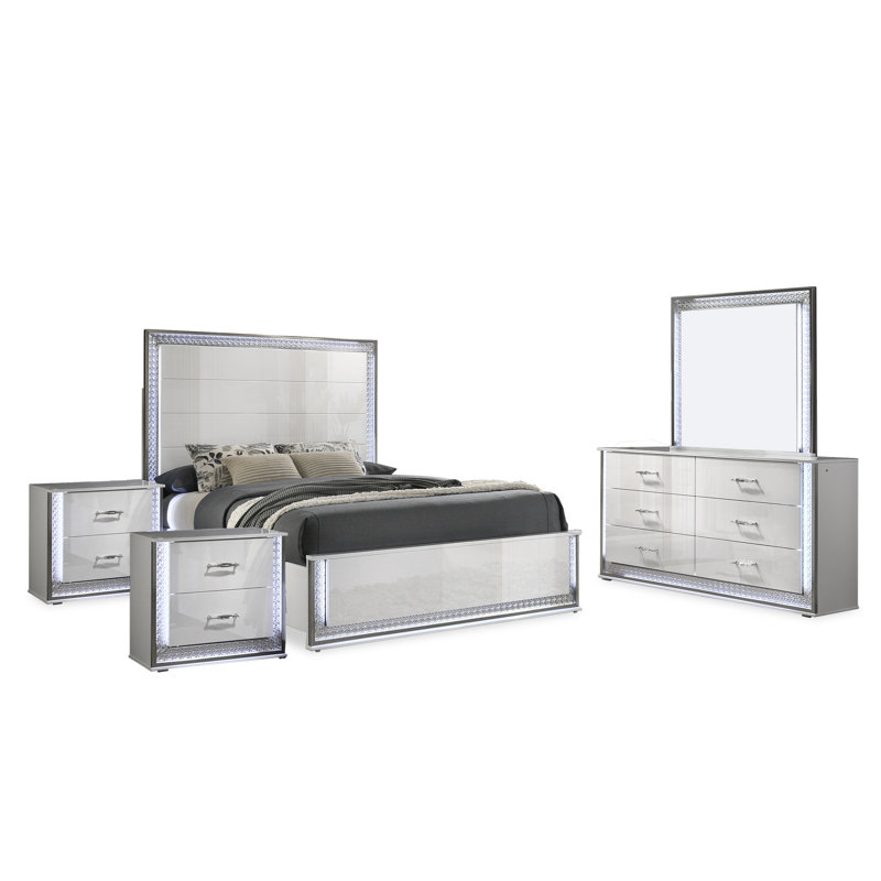 Ensemble de chambre avec 5 lumières Divala, Cinq pièces : Lit; deux tables de chevet ; commod, Grand