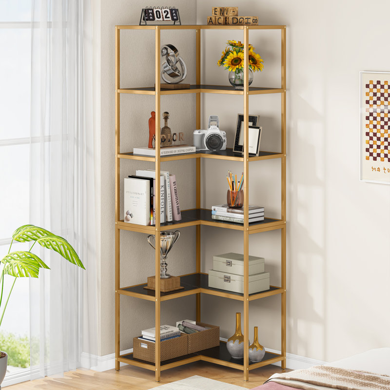 180cm H x 60cm W Metal Corner Bookcase, Gold/Black